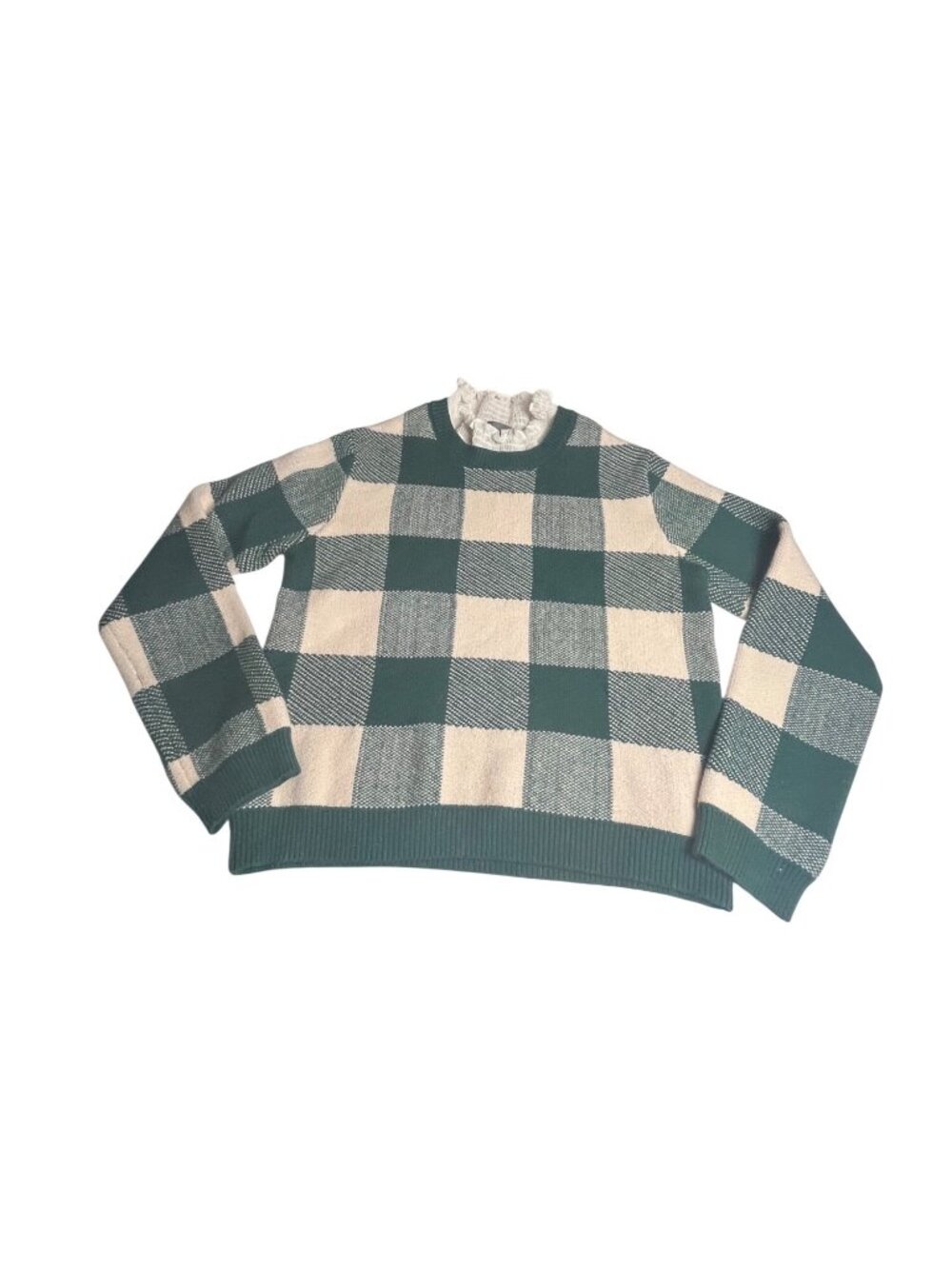 Anthropologie Green & Cream Buffalo Check Ruffle Trim Knit Sweater S Long Sleeve